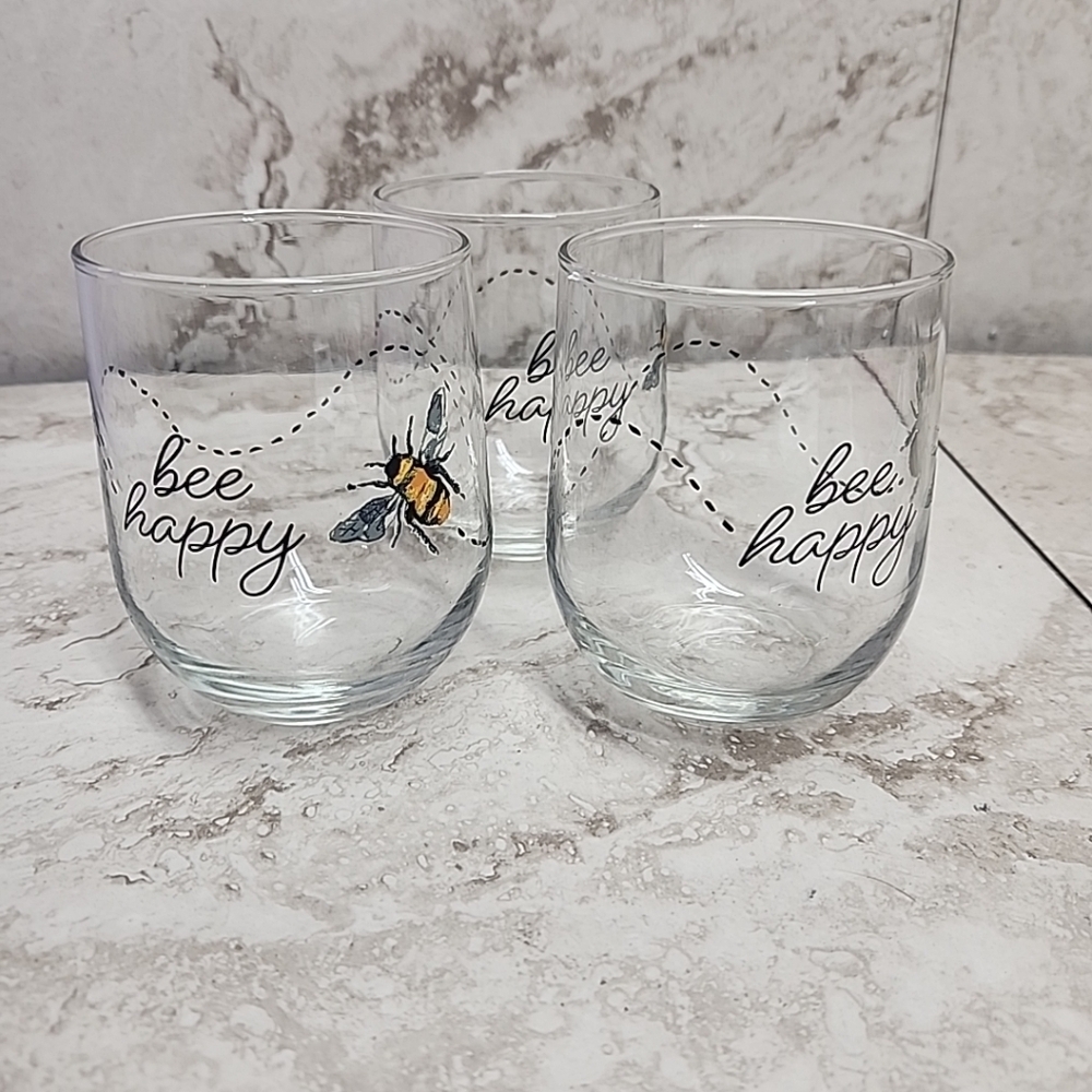 Libbey Royal Norfolk Greenbrier 16oz Bee Happy Stemless Wine Glass Set Of 3